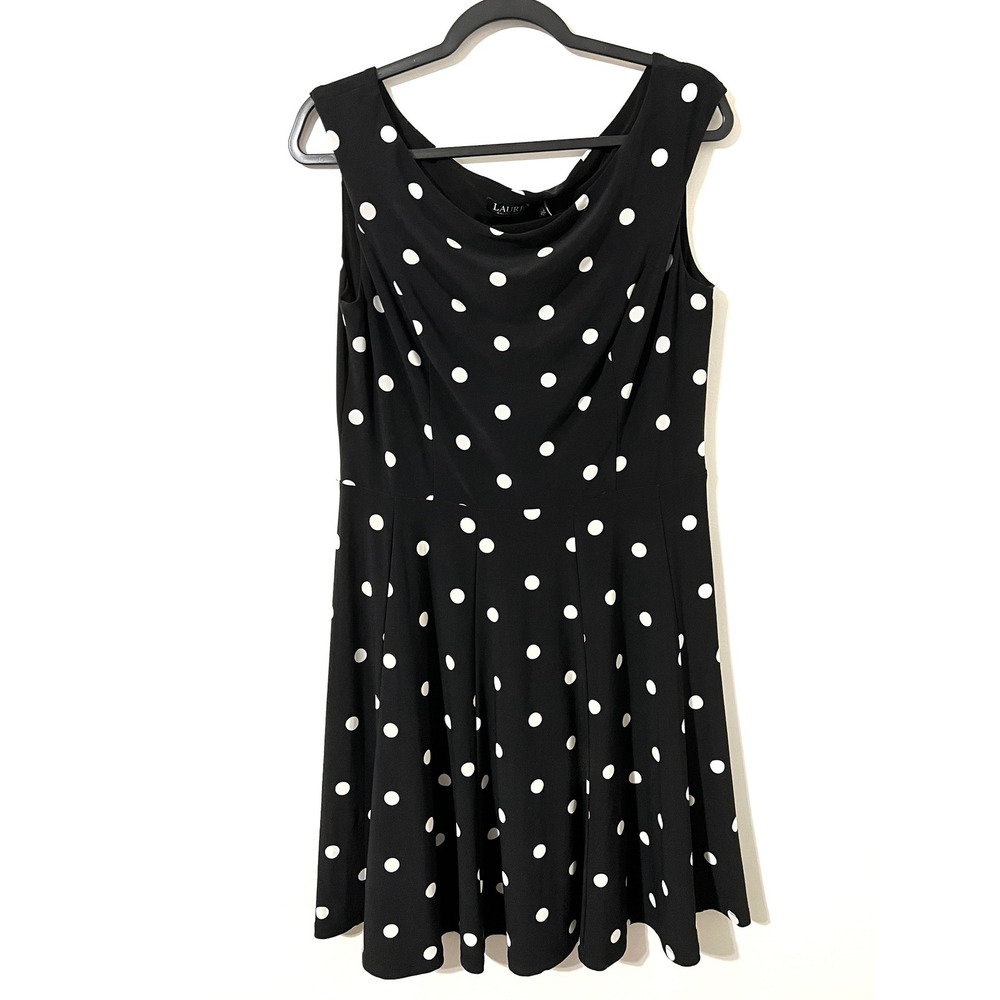 LAUREN RALPH LAUREN Black Polka Dot Fit & Flare Dress Excellent Stretchy Midi 12